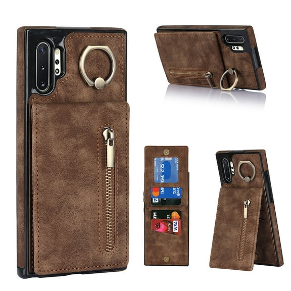 Feishell for Samsung Note 10 Plus, Case Wallet with Card Holder Functional Two Way Kickstand Durable Zipper Pocket RFID Blocking Leather Protective Leather for Samsung Galaxy Note 10 Plus, Brown