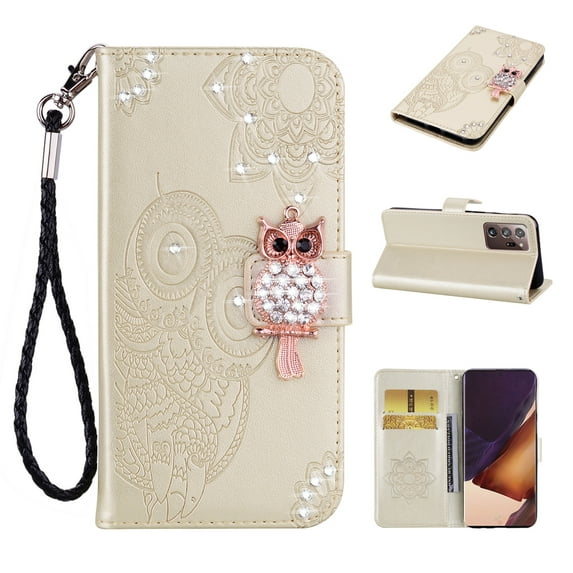 Feishell Samsung Note 20 Ultra Case Owl Pattern Glitter Sparkly Gems Shockproof PU Leather Wallet Cover Flip Stand Card Slots Magnetic Diamond Bling Case for Samsung Galaxy Note 20 Ultra, Gold