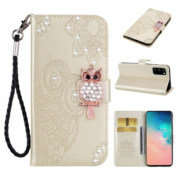 Feishell Samsung S20 Case Owl Pattern Glitter Sparkly Gems Shockproof PU Leather Wallet Cover Flip Stand Card Slots Magnetic Diamond Bling Folio Case for Samsung Galaxy S20, Gold