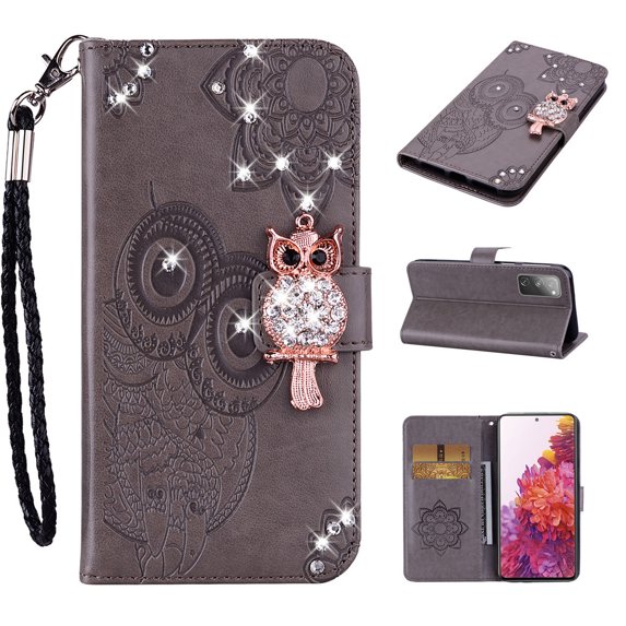 Feishell Samsung S20 FE Case Owl Pattern Glitter Sparkly Gems Shockproof PU Leather Wallet Cover Flip Stand Card Slots Magnetic Diamond Bling Folio Case for Samsung Galaxy S20 FE, Gray