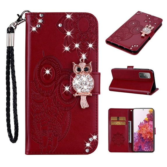 Feishell Samsung S20 FE Case Owl Pattern Glitter Sparkly Gems Shockproof PU Leather Wallet Cover Flip Stand Card Slots Magnetic Diamond Bling Folio Case for Samsung Galaxy S20 FE, Winered