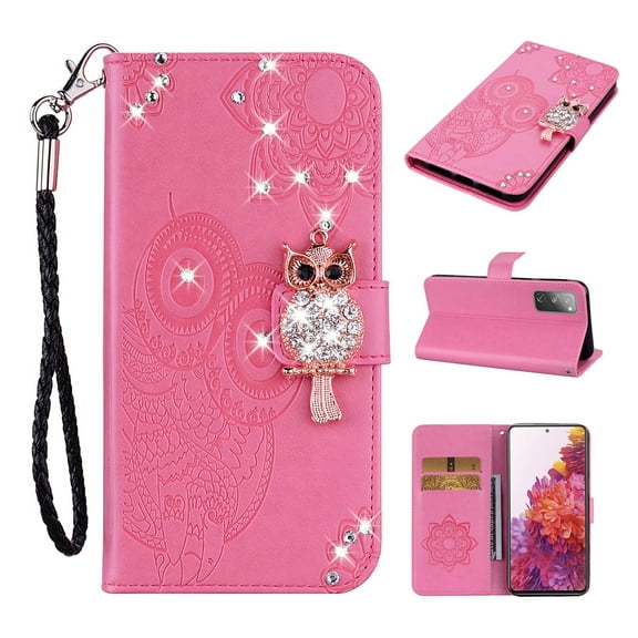 Feishell Samsung S20 FE Case Owl Pattern Glitter Sparkly Gems Shockproof PU Leather Wallet Cover Flip Stand Card Slots Magnetic Diamond Bling Folio Case for Samsung Galaxy S20 FE, Rosegold