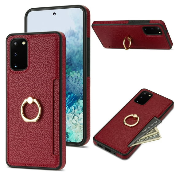 Feishell for Samsung S20 Plus Wallet Case with Card Holder, 360°Rotation Ring Holder Kickstand, Premium PU Leather RFID Blocking Card Pocket Protective Cover for Samsung Galaxy S20 Plus,red