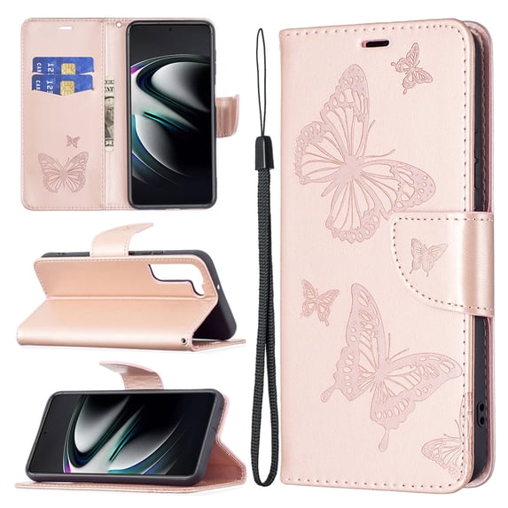 Feishell Samsung S21 Case Butterfly Embossed Pattern Premium Leather Wallet Cover Flip Stand Card Slots Holder Magnetic with Wrist Strap Case for Samsung Galaxy S21, Red