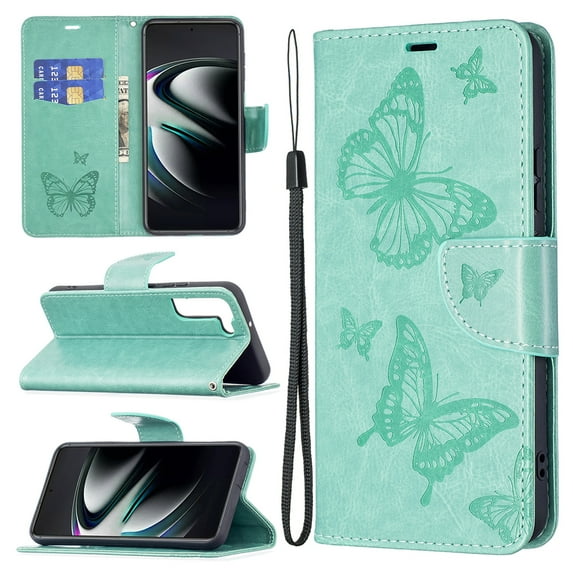 Feishell Samsung S21 Case Butterfly Embossed Pattern Premium Leather Wallet Cover Flip Stand Card Slots Holder Magnetic with Wrist Strap Case for Samsung Galaxy S21, Green