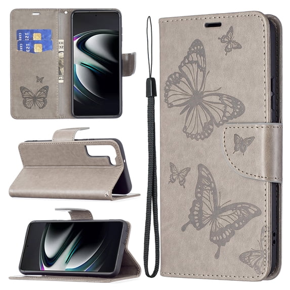 Feishell Samsung S21 Case Butterfly Embossed Pattern Premium Leather Wallet Cover Flip Stand Card Slots Holder Magnetic with Wrist Strap Case for Samsung Galaxy S21, Gray