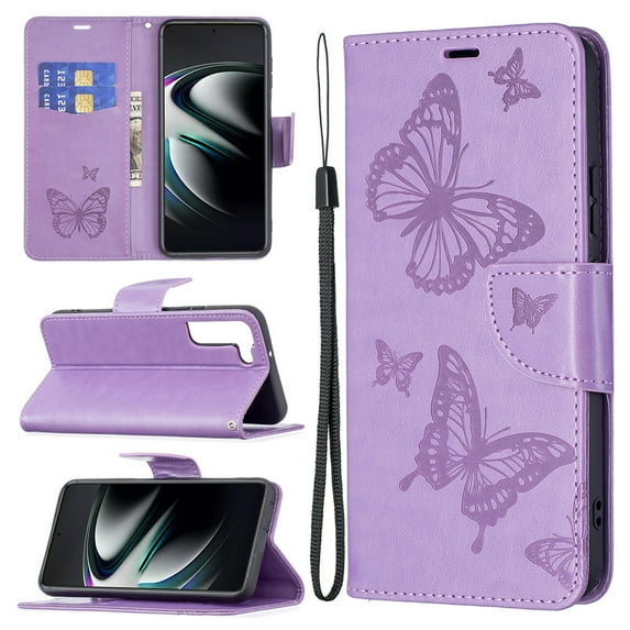 Feishell Samsung S21 Case Butterfly Embossed Pattern Premium Leather Wallet Cover Flip Stand Card Slots Holder Magnetic with Wrist Strap Case for Samsung Galaxy S21, Purple