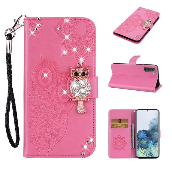 Feishell Samsung S21 Case Owl Pattern Glitter Sparkly Gems Shockproof PU Leather Wallet Cover Flip Stand Card Slots Magnetic Diamond Bling Folio Case for Samsung Galaxy S21, Rosegold