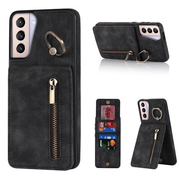 Feishell for Samsung S21, Case Wallet with Card Holder Functional Two Way Kickstand Durable Zipper Pocket RFID Blocking Leather Slim Protective Leather for Samsung Galaxy S21, Black