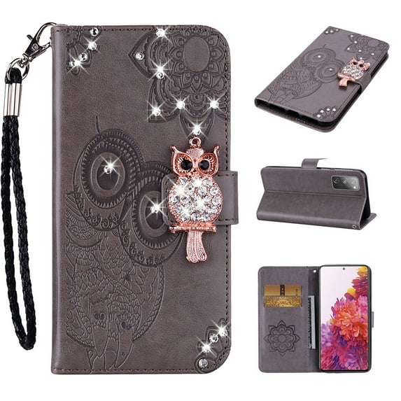 Feishell Samsung S21 FE Case Owl Pattern Glitter Sparkly Gems Shockproof PU Leather Wallet Cover Flip Stand Card Slots Magnetic Diamond Bling Folio Case for Samsung Galaxy S21 FE, Gray