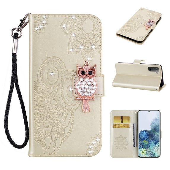Feishell Samsung S22 Case Owl Pattern Glitter Sparkly Gems Shockproof PU Leather Wallet Cover Flip Stand Card Slots Magnetic Diamond Bling Folio Case for Samsung Galaxy S22, Gold