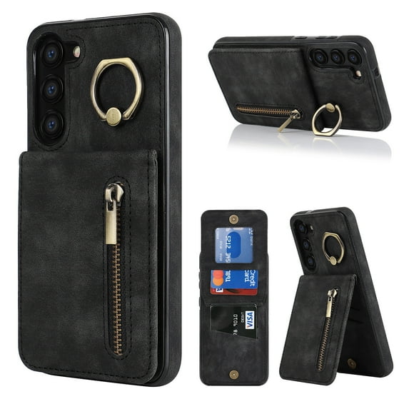 Feishell for Samsung S22, Case Wallet with Card Holder Functional Two Way Kickstand Durable Zipper Pocket RFID Blocking Leather Slim Protective Leather for Samsung Galaxy S22, Black
