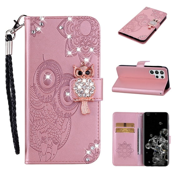 Feishell Samsung S22 Ultra Case Owl Pattern Glitter Sparkly Gems Shockproof PU Leather Wallet Cover Flip Stand Card Slots Magnetic Diamond Bling Folio Case for Samsung Galaxy S22 Ultra, Pink