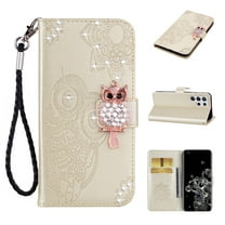 Feishell Samsung S22 Ultra Case Owl Pattern Glitter Sparkly Gems Shockproof PU Leather Wallet Cover Flip Stand Card Slots Magnetic Diamond Bling Folio Case for Samsung Galaxy S22 Ultra, Gold