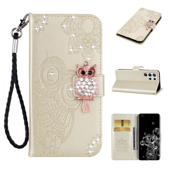 Feishell Samsung S22 Ultra Case Owl Pattern Glitter Sparkly Gems Shockproof PU Leather Wallet Cover Flip Stand Card Slots Magnetic Diamond Bling Folio Case for Samsung Galaxy S22 Ultra, Gold