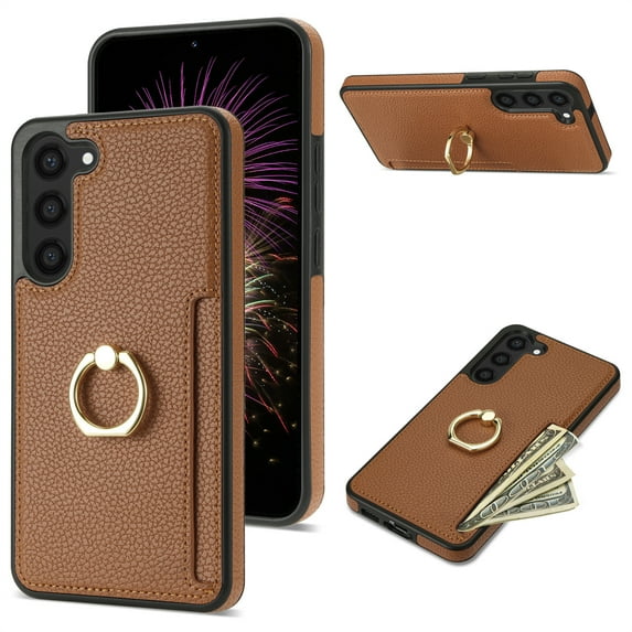 Feishell for Samsung S23 FE Wallet Case with Card Holder, 360°Rotation Ring Holder Kickstand, Premium PU Leather RFID Blocking Card Pocket Protective Cover for Samsung Galaxy S23 FE, Brown