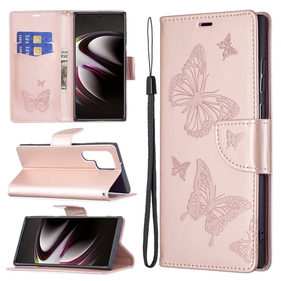 Feishell Samsung S23 Ultra Case Butterfly Embossed Pattern Premium Leather Wallet Cover Flip Stand Card Slots Holder Magnetic with Wrist Strap Case for Samsung Galaxy S23 Ultra, Red