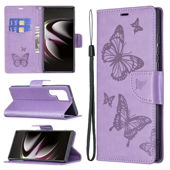 Feishell Samsung S23 Ultra Case Butterfly Embossed Pattern Premium Leather Wallet Cover Flip Stand Card Slots Holder Magnetic with Wrist Strap Case for Samsung Galaxy S23 Ultra, Purple