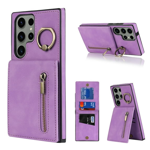 Feishell for Samsung S23 Ultra, Case Wallet with Card Holder Functional Two Way Kickstand Durable Zipper Pocket RFID Blocking Leather Slim Protective Leather for Samsung Galaxy S23 Ultra, Purple