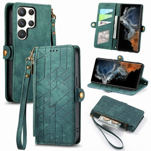 Feishell for Samsung S23 Ultra Case Wallet, Retro High Quality Zipper Pouch PU Leather Strap Flip Case with Magnetic Closure,[RFID Blocking] Card Holder Kickstand for Samsung Galaxy S23 Ultra, Green