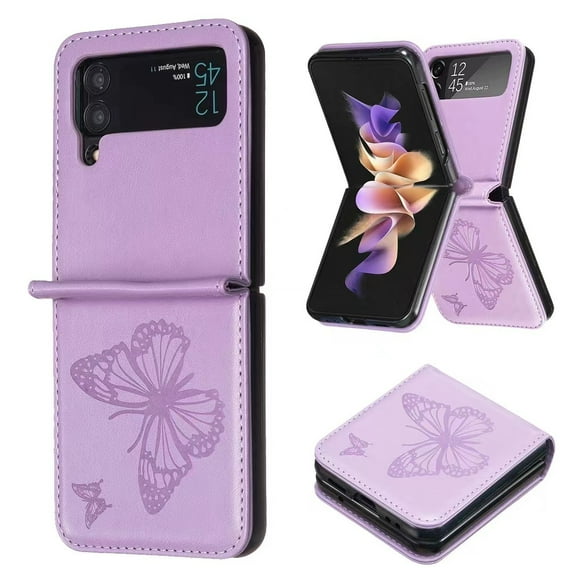 Feishell Samsung Z Flip 3 Case Butterfly Embossed Pattern Premium Leather Shockproof Lightweight Dustproof Protective Folding Phone Case Cover for Samsung Galaxy Z Flip 3, Purple