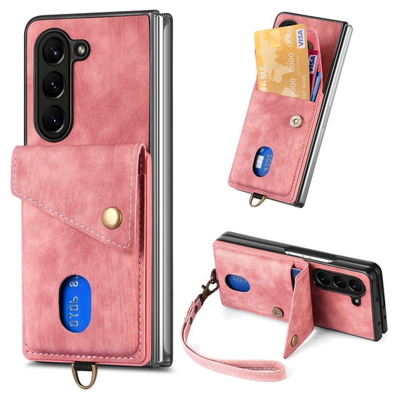 Feishell for Samsung Z Fold 5, Wallet Case with Card Holder Leather Card Slots Kickstand Shockproof RFID Blocking Magnetic Clasp Protective Cover for Women Men for Samsung Galaxy Z Fold 5, Pink