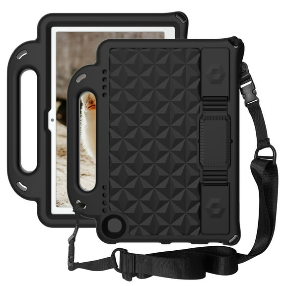 Feishell Shock Proof Protective Case for Amazon Fire 7 Tablet (Compatible with 2019&2015&2017 Release) with Pencil Holder Shoulder/Hand Strap Kickstand Three Layer Durable Protective Cover,Black