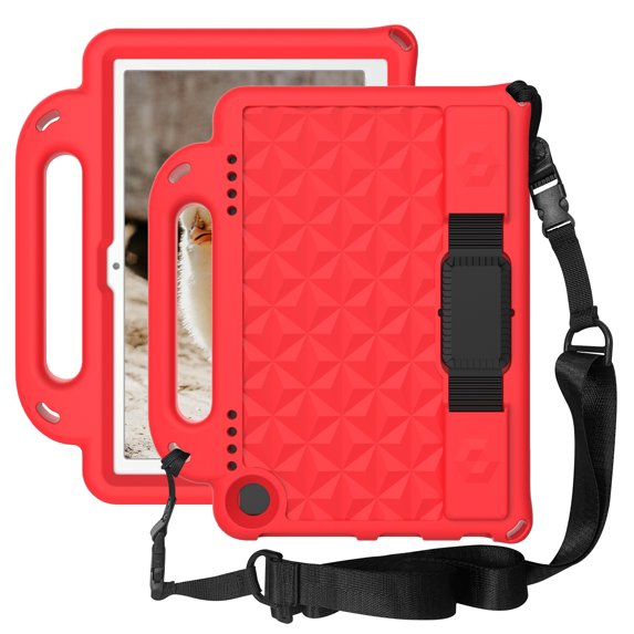 Feishell Shock Proof Protective Case for Amazon Fire 7 Tablet (Compatible with 2019&2015&2017 Release) with Pencil Holder Shoulder/Hand Strap Kickstand Three Layer Durable Protective Cover,Red