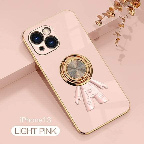 Feishell Slim Case for Apple iPhone 13,Stylish Plating Cute Astronaut Portable Finger Ring Kickstand Shockproof Lightweight Flexible Silicone Magnetic Car Holder TPU Phone Case,Lightpink