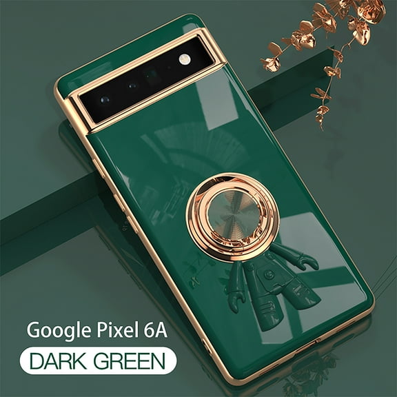 Feishell Slim Case for Google Pixel 6a,Stylish Plating Cute Astronaut Portable Finger Ring Kickstand Shockproof Lightweight Flexible Silicone Magnetic Car Holder TPU Phone Case,Darkgreen