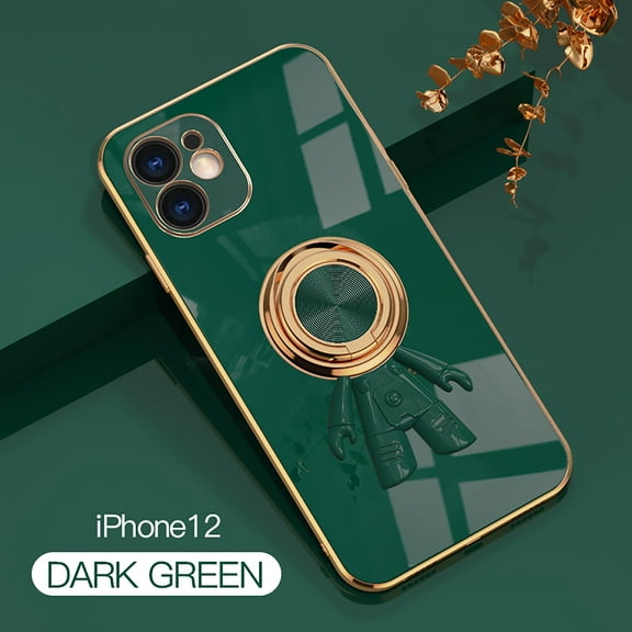Feishell Slim Case for iPhone 12,Stylish Plating Cute Astronaut Portable Finger Ring Kickstand Shockproof Lightweight Flexible Silicone Magnetic Car Holder TPU Phone Case,Darkgreen
