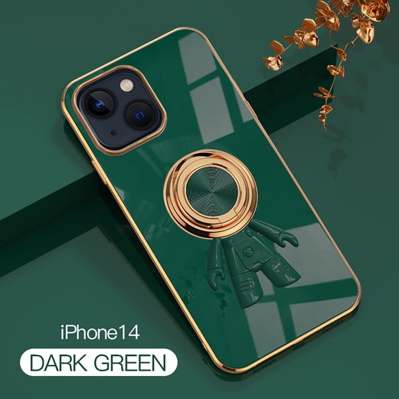 Feishell Slim Case for iPhone 14,Stylish Plating Cute Astronaut Portable Finger Ring Kickstand Shockproof Lightweight Flexible Silicone Magnetic Car Holder TPU Phone Case,Darkgreen