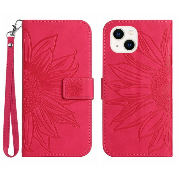 Feishell Slim Wallet Case for Apple iPhone 15 6.1 inch,for Men Women,Sunflower Embossed Pattern PU Leather Flip Cover Magnetic Closure Folio Card Slots Kickstand Phone Case with Hand Strap,Rose