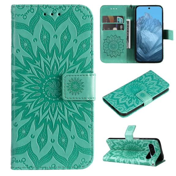 Feishell Slim Wallet Case for Google Pixel 9 Pro XL,Shockproof Stylish Embossed Pattern PU Leather Magnetic Clasp Folio Flip Kickstand Card Slots Purse for Women Men Phone Cover,Green