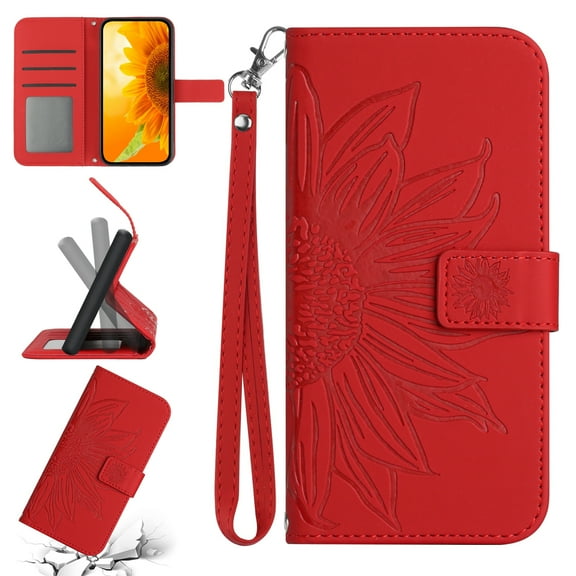 Feishell Slim Wallet Case for Motorola Moto G 5G (2022),for Men Women,Sunflower Embossed Pattern PU Leather Flip Cover Magnetic Folio Card Slots Kickstand Phone Case with Hand Strap,Red