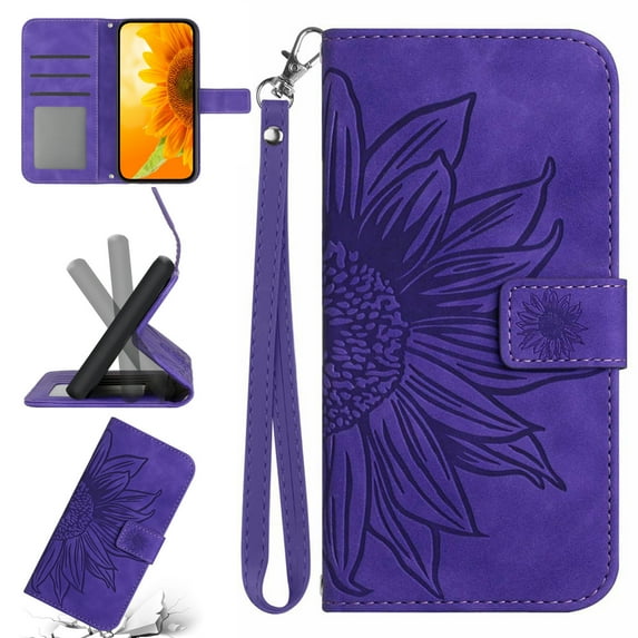 Feishell Slim Wallet Case for Motorola Moto G Power 2023,for Men Women,Sunflower Embossed Pattern PU Leather Flip Cover Magnetic Closure Card Slots Stand Phone Case with Hand Strap,Darkpurple