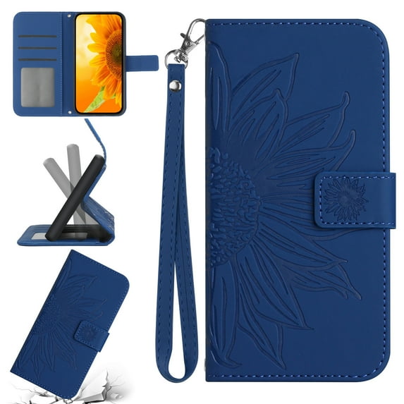 Feishell Slim Wallet Case for Motorola Moto G Pure,for Men Women,Sunflower Embossed Pattern PU Leather Flip Cover Magnetic Closure Folio Card Slots Kickstand Phone Case with Hand Strap,Darkblue