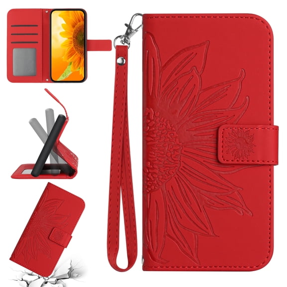 Feishell Slim Wallet Case for OnePlus Nord N20 5G,for Men Women,Sunflower Embossed Pattern PU Leather Flip Cover Magnetic Closure Folio Card Slots Kickstand Phone Case with Hand Strap,Red