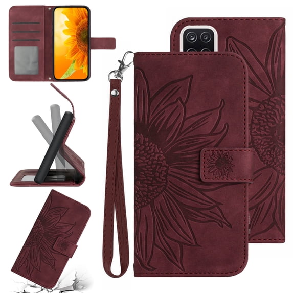 Feishell Slim Wallet Case for Samsung Galaxy A12 5G,for Men Women,Sunflower Embossed Pattern PU Leather Flip Cover Magnetic Closure Folio Card Slots Kickstand Phone Case with Hand Strap,Winered