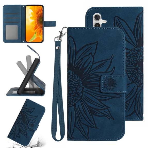 Feishell Slim Wallet Case for Samsung Galaxy A13 5G,for Men Women,Sunflower Embossed Pattern PU Leather Flip Cover Magnetic Closure Folio Card Slots Kickstand Phone Case with Hand Strap,Inkblue