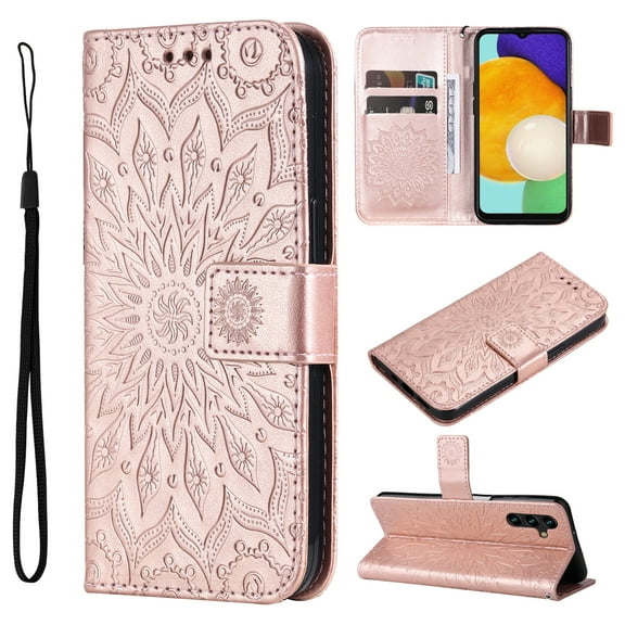 Feishell Slim Wallet Case for Samsung Galaxy A14 5G 6.6 inch,Shockproof Stylish Embossed Pattern PU Leather Magnetic Clasp Folio Flip Kickstand Card Slots Purse for Women Men Phone Cover,Rosegold