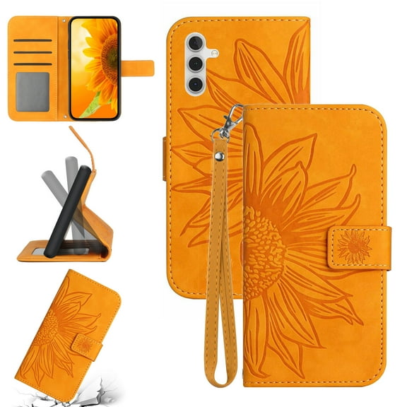 Feishell Slim Wallet Case for Samsung Galaxy A16 5G,for Men Women,Sunflower Embossed Pattern PU Leather Flip Cover Magnetic Closure Card Slots Stand Phone Case with Hand Strap,Yellow