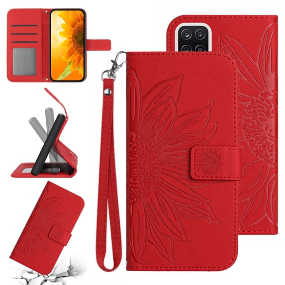 Feishell Slim Wallet Case for Samsung Galaxy A42 5G,for Men Women,Sunflower Embossed Pattern PU Leather Flip Cover Magnetic Closure Folio Card Slots Kickstand Phone Case with Hand Strap,Red