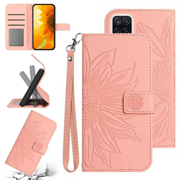 Feishell Slim Wallet Case for Samsung Galaxy A42 5G,for Men Women,Sunflower Embossed Pattern PU Leather Flip Cover Magnetic Closure Folio Card Slots Kickstand Phone Case with Hand Strap,Pink