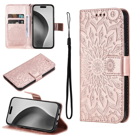 Feishell Slim Wallet Case for Samsung Galaxy A51 4G,Shockproof Stylish Embossed Pattern PU Leather Magnetic Clasp Folio Flip Kickstand Card Slots with Wrist Strap for Women Men Phone Cover,Rosegold