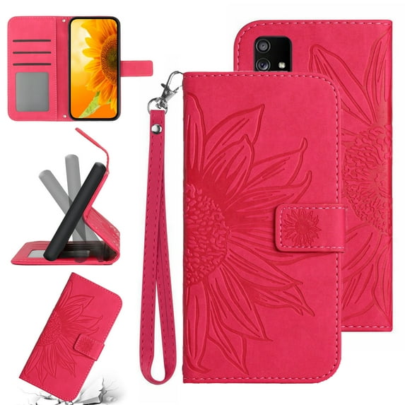 Feishell Slim Wallet Case for Samsung Galaxy A51 5G,for Men Women,Sunflower Embossed Pattern PU Leather Flip Cover Magnetic Closure Folio Card Slots Kickstand Phone Case with Hand Strap,Rose