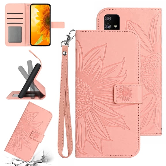Feishell Slim Wallet Case for Samsung Galaxy A51 5G,for Men Women,Sunflower Embossed Pattern PU Leather Flip Cover Magnetic Closure Folio Card Slots Kickstand Phone Case with Hand Strap,Pink