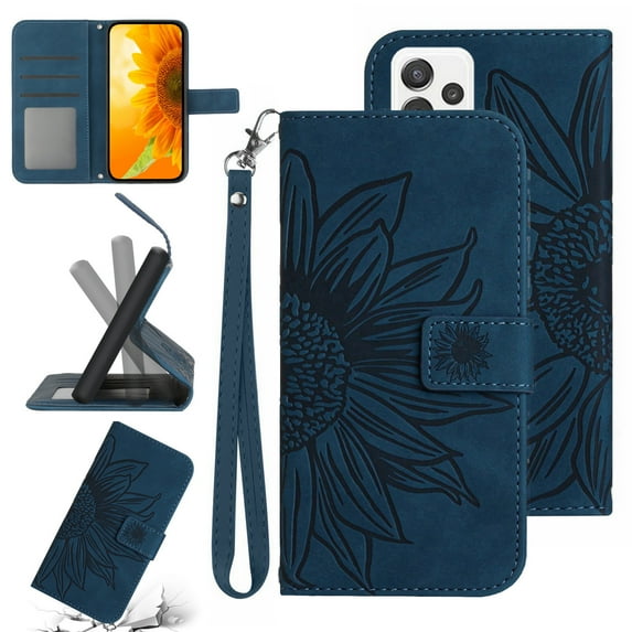 Feishell Slim Wallet Case for Samsung Galaxy A52 5G,for Men Women,Sunflower Embossed Pattern PU Leather Flip Cover Magnetic Closure Folio Card Slots Kickstand Phone Case with Hand Strap,Inkblue