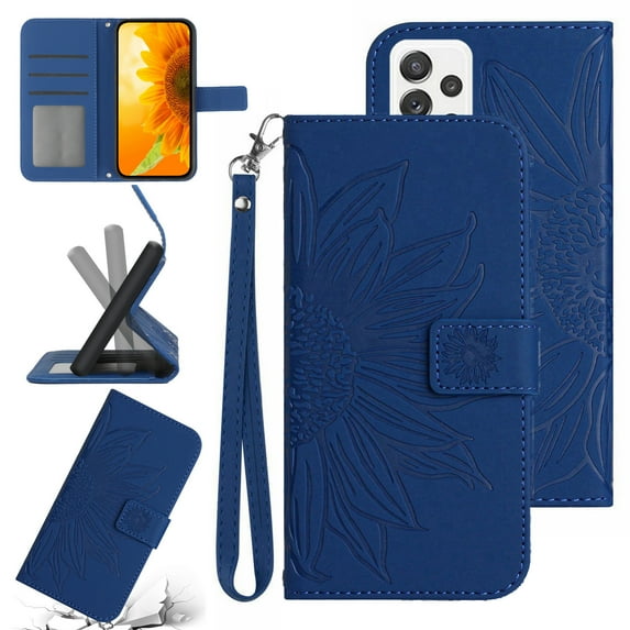 Feishell Slim Wallet Case for Samsung Galaxy A53 5G,for Men Women,Sunflower Embossed Pattern PU Leather Flip Cover Magnetic Closure Folio Card Slots Kickstand Phone Case with Hand Strap,Darkblue