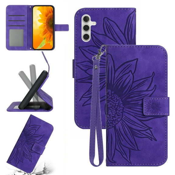 Feishell Slim Wallet Case for Samsung Galaxy A56 5G,for Men Women,Sunflower Embossed Pattern PU Leather Flip Cover Magnetic Closure Card Slots Stand Phone Case with Hand Strap,Darkpurple